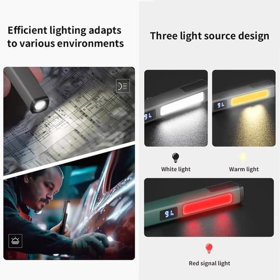 Multifunksjonell COB Arbeidslampe – LED-lommelykt med klips, aluminiumslegering – 6 lysmoduser