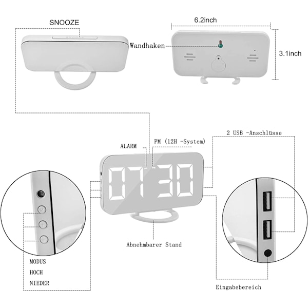 Bordsklocka för sovrum, hemmakontorsinredning, digital väckarklocka med justerbar ljusstyrka och automatisk dimning, stor LED-spegeldisplay