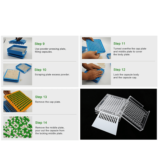 Kapselfyllningsverktyg med 100 hål, tomma kapslar, pulverspridningsplattor, 2#