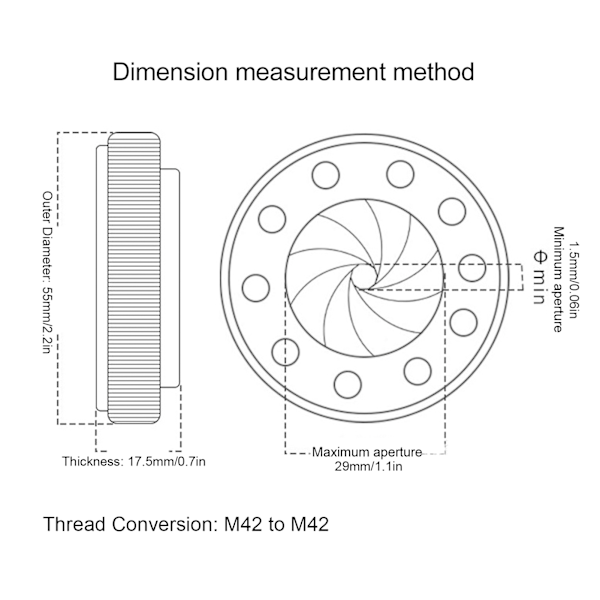 Irisbländare 1,5 till 29 mm ID 55 mm OD M42 till M42 Iris Diafragma Bländare Kondensor för Optiskt System