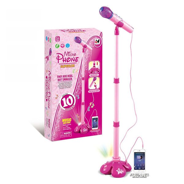 Bästa mikrofonset för barn, leksaker med musik och färgglatt ljus, justerbar höjd mikrofon med stativ, karaoke leksakspresent Pink