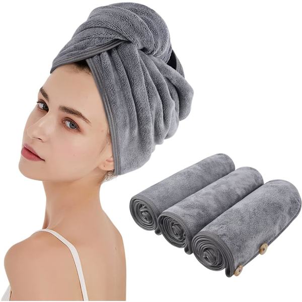 Mikrofiber Hårhandduk, Skyddar Hårets Hälsa &amp; Sparar Tid, Ultraabsorberande Snabbtorkande Anti-Frizz Wrap för Kvinnor, Män, Barn (3 Stycken), Grå