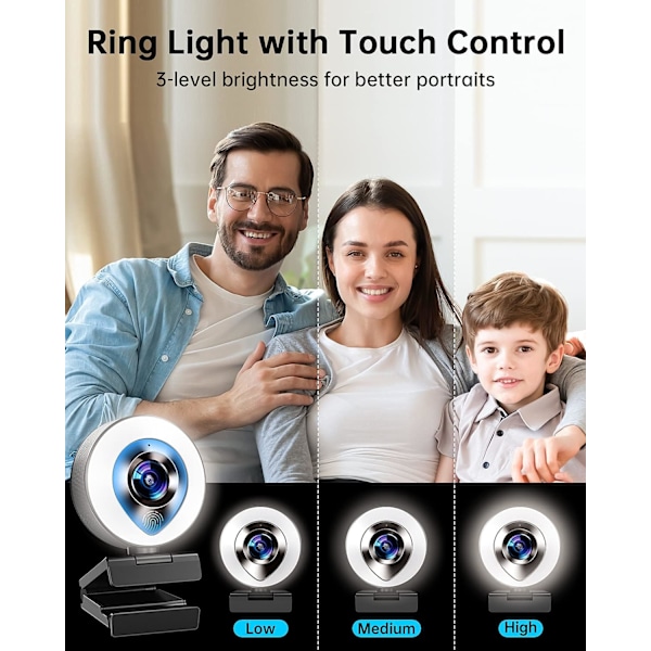Avancerad Streaming Webbkamera, Full HD Webbkamera 1080P Med Steglöst Dimbar 2 Färglägen Ringljus, Plug And Play Autofokus Webbkamera För Zoom, Skype,