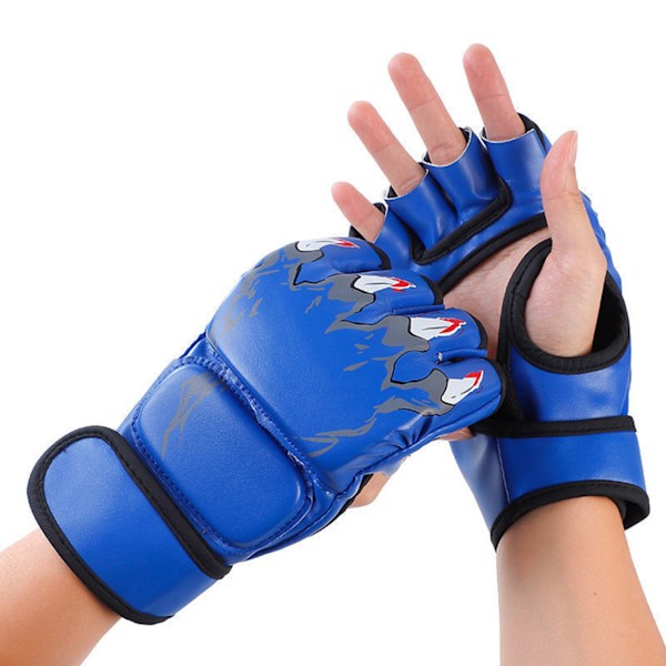 Halvfinger Boxningshandskar Halvfinger Kickboxningshandskar med Justerbart Armband för Män Kvinnor Tigerklo Stil Blå