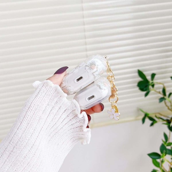 f?r AirPods 4:e generationens fodral med nyckelring+reng?ringskit, S?tt Genomskinligt Glitter Blomma Blommig Skyddande H?rlursfodral, Mjuk Transparen