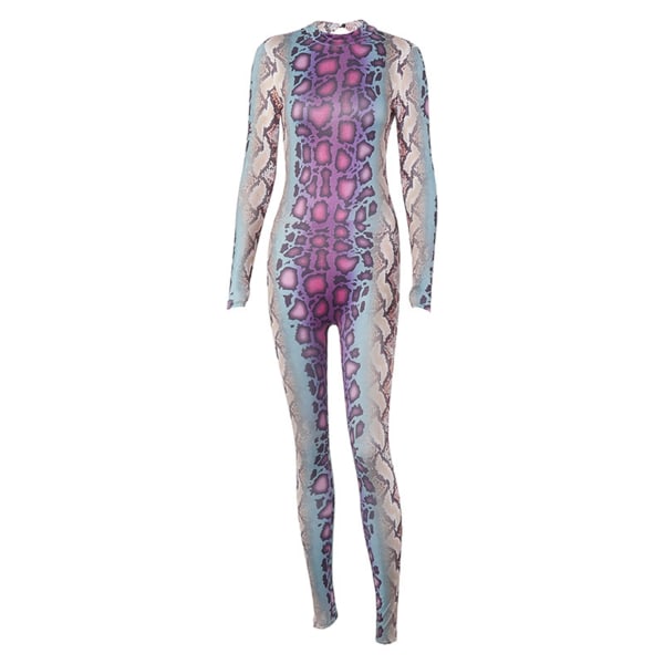 Bodycon Jumpsuit med långa ärmar, ormskinnsmönster, långa byxor, slim fit, enfärgad bodycon för kvinnor, lila, L