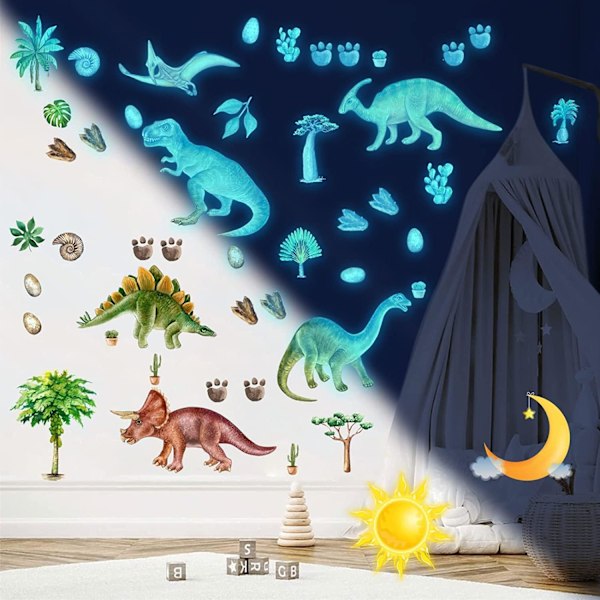 Självlysande dinosaurie väggdekaler, självhäftande dinosaurie väggdekaler för barnrum för självlysande dekaler, dino ljusdekaler vägg