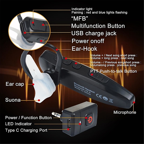 Walkie Talkie Trådlöst Bluetooth PTT-headset Öronpropp Händerfri K-kontakt för mikrofonheadset Adap