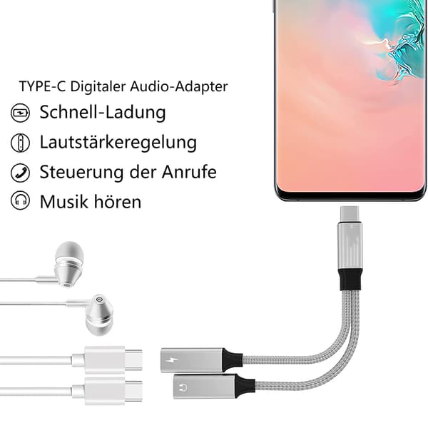 USB C-adapter hörlurar och laddning, USB C-splitter 2 USB C, 2 i 1