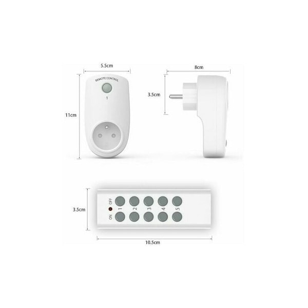 Set med 5 programmerbara eluttag, tr?dl?s fj?rrkontrolluttag med 2 fj?rrkontroller, 2 batterier ing?r, 30 m kontrolldistans i ?ppen A