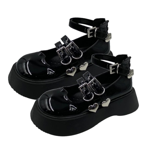 Vintage skor svart platt plattform rund tå fotledsrem tjocka skor för kvinnor tjej svart 36