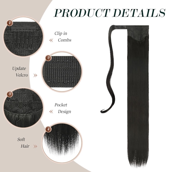 Lång Ponytail Extension, Rak Syntetisk Fläthår Extension black black