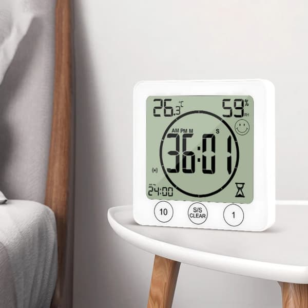 Digital badrumsväggklocka med timer och alarm, stor LCD-display, vattentålig mot vattenstänk, väggklocka med timer