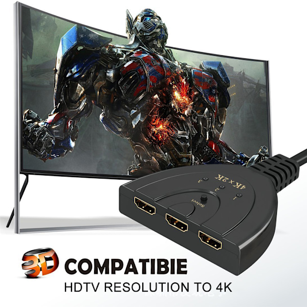 HDMI-switch, 3 portar 4K HDMI-switch 3x1 switchsplitter med pigtail-kabel stöder Full HD 4K 1080P