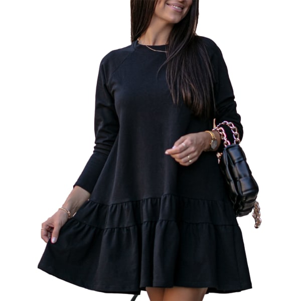 Kvinnors långärmade klänning lös rund hals ren färg volangfåll klänning för fest semester svart L
