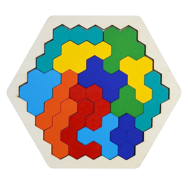 Hexagonpussel i trä för vuxna barn - Formmönster Block Tangram