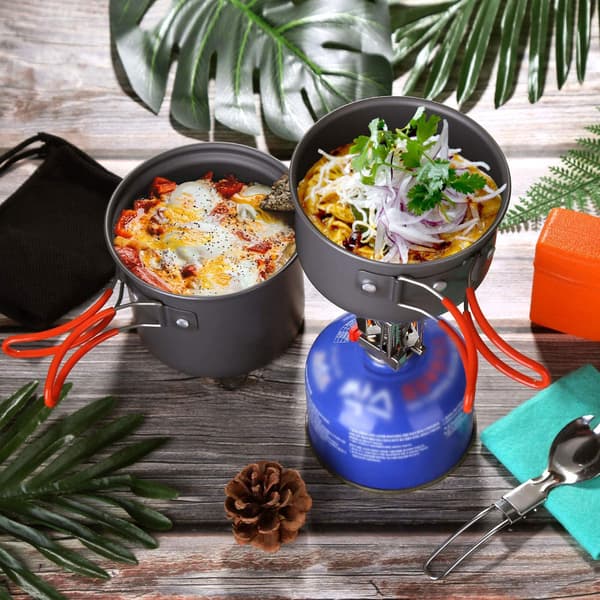 6-delars campingkokkärlsset med lättviktskastrull, stormkök, bärnät, perfekt för backpacking, utomhuscamping, vandring och picknick