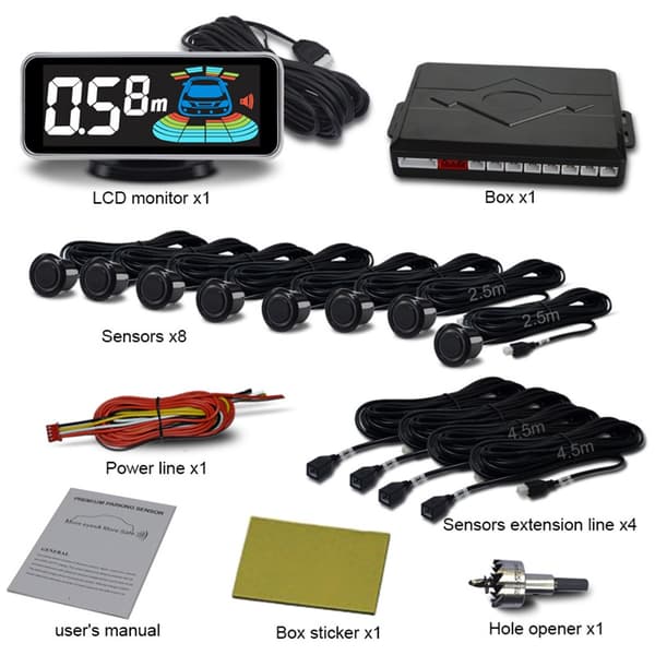 Backsensor-system för bil med 8 parkeringssensorer, avståndsdetektering, LCD-display och ljudvarning