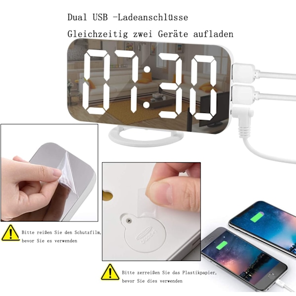 Bordsklocka för sovrum, hemmakontorsinredning, digital väckarklocka med justerbar ljusstyrka och automatisk dimning, stor LED-spegeldisplay