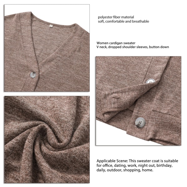 Dam cardigan tröja Drop Shoulder Button Down V-ringad Casual stickad kappa för dagligt bruk Khaki L