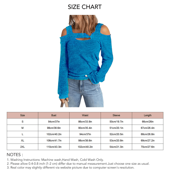 Kvinnor kalla axeltopp Cut Out Design Enfärgad Fashionabla långärmad blus för hemshopping Blå L