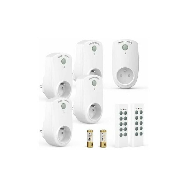 Set med 5 programmerbara eluttag, tr?dl?s fj?rrkontrolluttag med 2 fj?rrkontroller, 2 batterier ing?r, 30 m kontrolldistans i ?ppen A