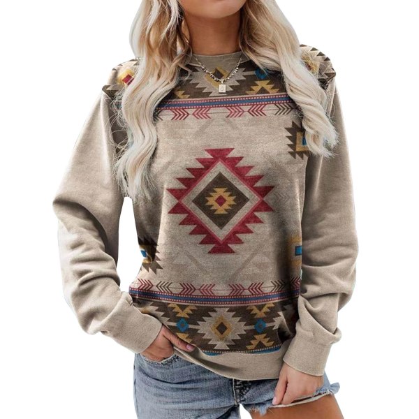 Dam pullover topp långärmad rund hals geometrisk tryck casual passform sweatshirt för shopping Khaki M
