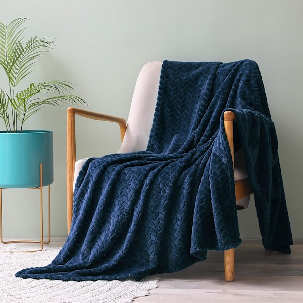 Flanellfleecefilt, 127x178 CM soffkast, mjukt jacquardv?vt bladm?nster kast f?r soffa, marinbl? filt