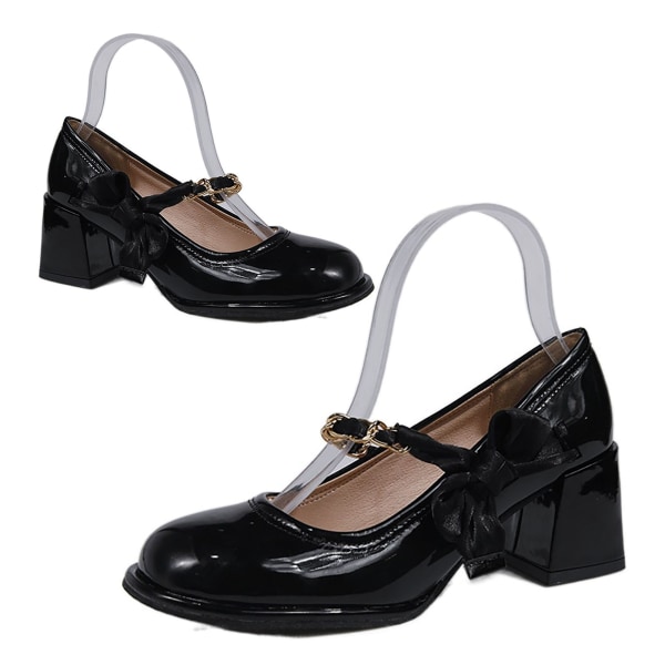 Damskor enfärgade högklackade skor eleganta fashionabla PU-läder söta rosett höga klackar för dansfest svart 37