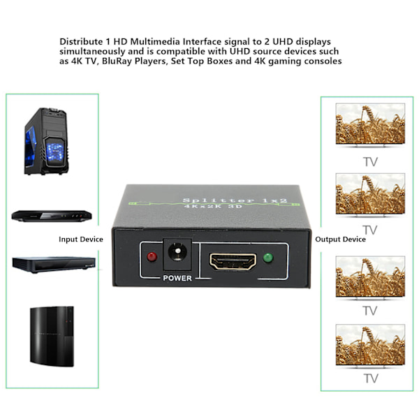 HD Multimedia Interface Splitter 1 in 2 Ut 4K 30Hz Aluminiumlegering Skärmsplitter 100‑240VUS Kontakt