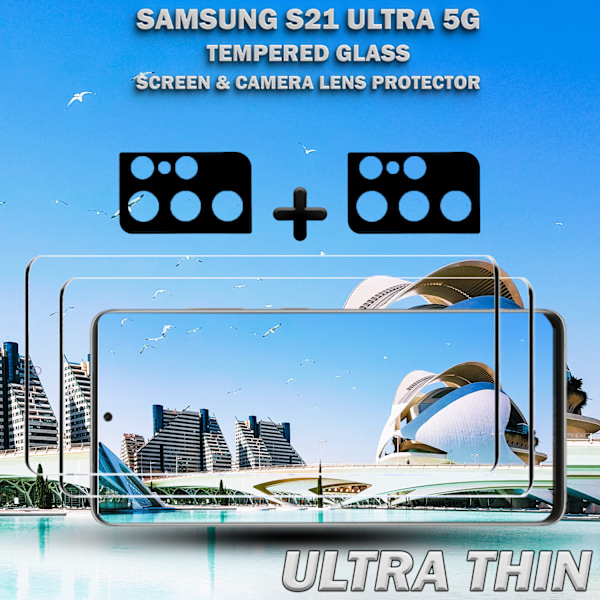 2-Pack Samsung S21 Ultra (5G) Sk?rmskydd & 2-Pack linsskydd - H?rdat Glas 9H - Super kvalitet 3D