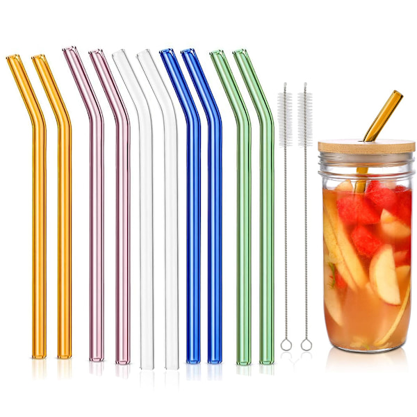 10-pack återanvändbara sugrör i glas, böjda sugrör i glas med