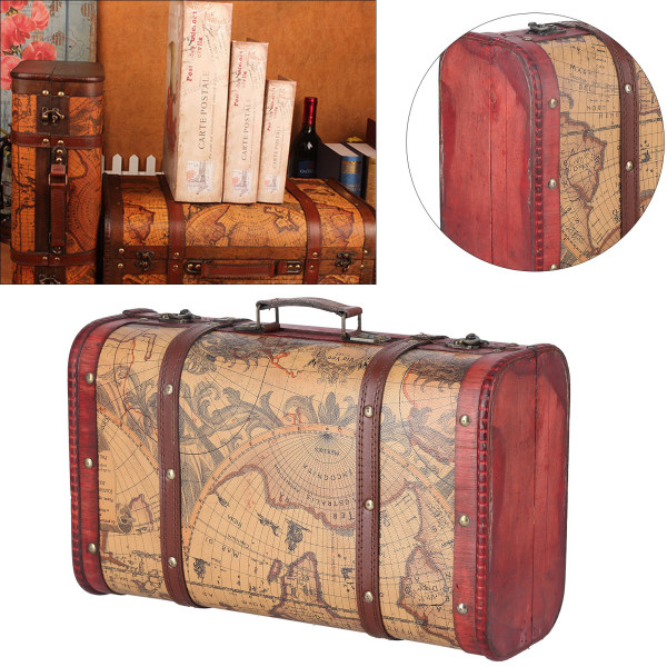 Vintage resväska bärbar komposit trä karta mönster design vintage förvaringskista
