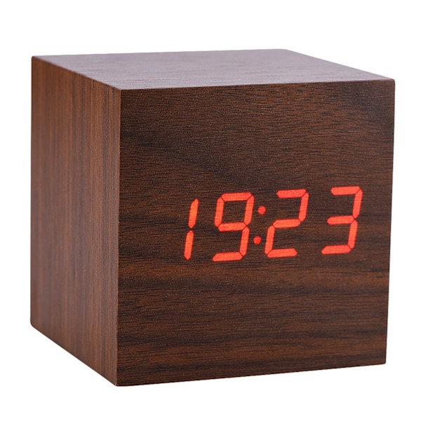 6x6x6cm Trä Elektronisk Digital Alarm Klocka Bordslampa Temperatur LED Display Röststyrning Brun