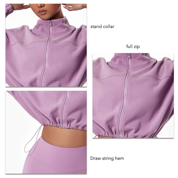 Yoga Running Cropped Jacka Lös Långärmad Full Zip Stand Krage Enfärgad Activewear för kvinnor Taro Purple M