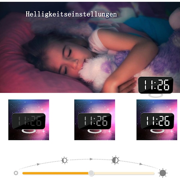 Bordsklocka för sovrum, hemmakontorsinredning, digital väckarklocka med justerbar ljusstyrka och automatisk dimning, stor LED-spegeldisplay