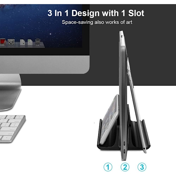 3-i-1 Vertikalt Laptopställ, Bred Kompatibilitet Aluminium Skrivbordshållare med Dubbel Spårdesign för Utrymmesbesparande Installation, Halkfri Silikonskydd