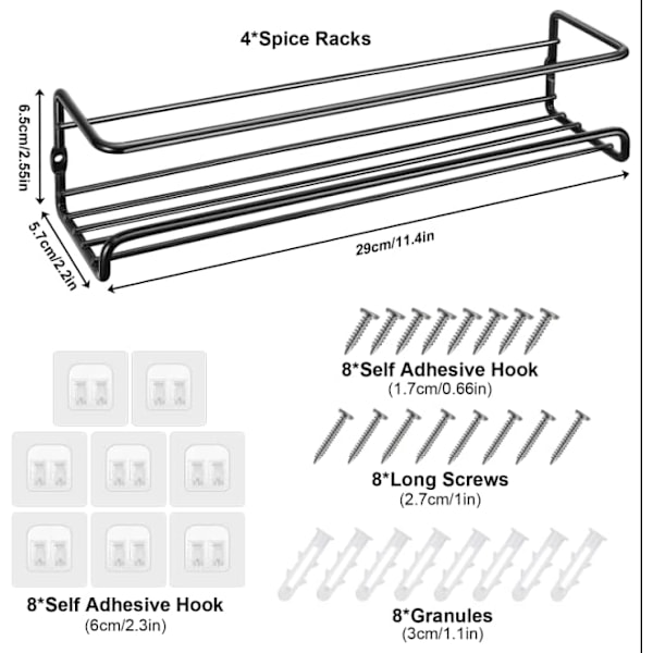 4 st V?ggkryddst?ll, med sj?lvh?ftande krokar och skruvar, Kryddst?ll f?r k?k badrum balkong, K?ksf?rvaring - 29×6.8×6.5CM
