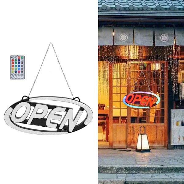 LED Öppen Skylt Färgstark Dynamisk Timer Fjärrkontroll Elektrisk Reklamtavla för Butik Bar 100‑240V Svart EU-kontakt