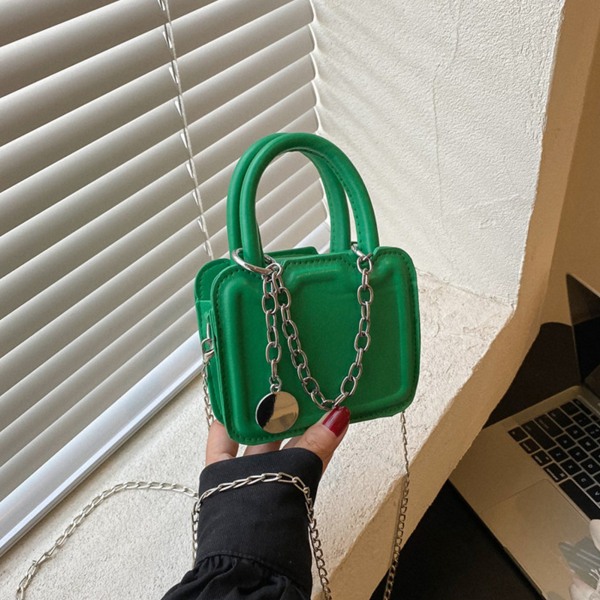 Liten axelväska Mini PU-läderhandväska med kedjerem för tonårsflickor och kvinnor Grön medelstorlek