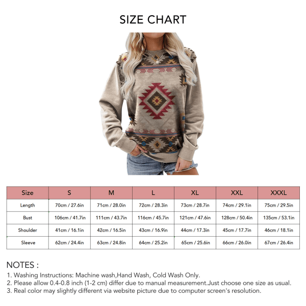 Dam pullover topp långärmad rund hals geometrisk tryck casual passform sweatshirt för shopping Khaki M