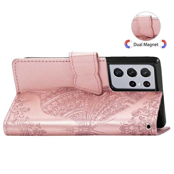 Samsung S21 Ultra Plånboksfodral PU-Läder 4-FACK Motiv Fjäril Rosenguld Rosenguld