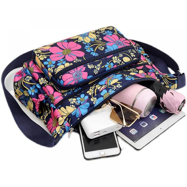 Dam Messenger Bag i Oxfordtyg, Casual Diagonal Blommig Tygväska, Myntplånbok A916-1197 A