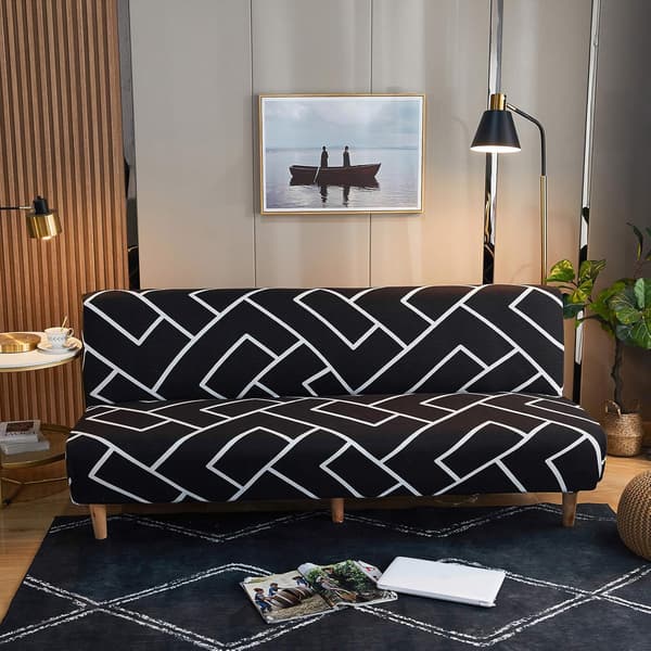 Armløs Sofabetræk Futon Betræk Strækbart Printet Elastisk Foldbart Sofabetræk Uden Armlæn Møbelbeskytter Vaskbart Betræk (Sort Hvid)