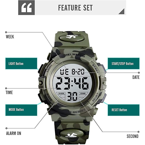 Barn Digital Klocka Utomhus Sport 50m Vattentät Elektroniska Klockor Alarmklocka 12/24 H Stoppur Kalender Pojke Flick Armbandsur