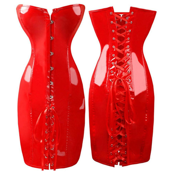Steampunk-naiset kiiltävä PU-nahkainen Overbust pitkä korsetti mekko vyötärövalmentaja Bustiers Corselet Sexy Deep V-kaula lyhyt ulkoiluvaatteet Black Satin 4XL