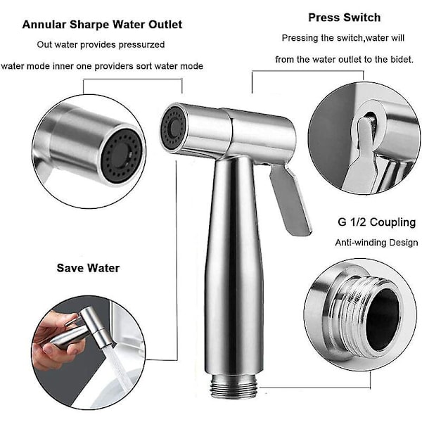 Rostfritt stål Bidet Toalett Sprayer Kit, Justerbart Tryck Bidet Sprayer Handdusch För Bidet Kranar Perfekt För Personlig Hygien, Rengöring