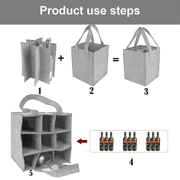 Gjenbrukbare handleposer for reiser, camping og piknik, perfekt gave til vinelskere 9 bottles Light gray