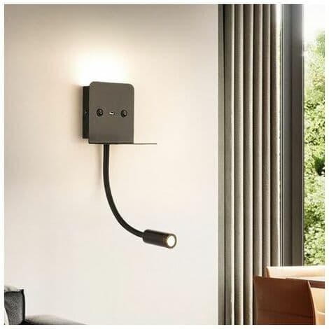 3W \"Slange\" LED væglampe + læselampe med USB-port | Sort - Sort