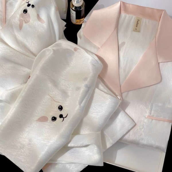 Naisten pyjama kevät ja kesä pitkähihainen jääsilkki kevyt luksuspitsi jäljitelmä silkki ohut set pink L
